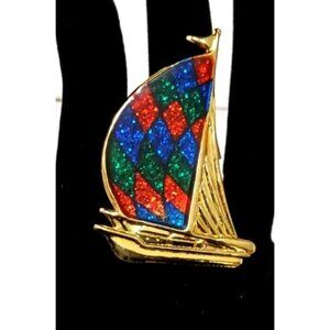 Vintage red green blue and gold color sailboat brooch 1990s